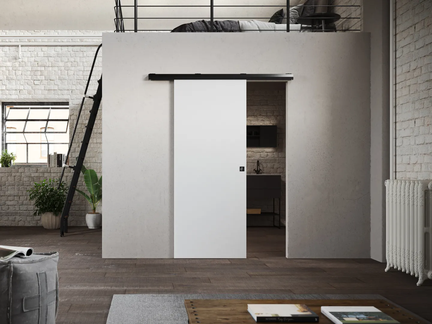 External wall-mounted sliding door with visible track: aesthetic advantages