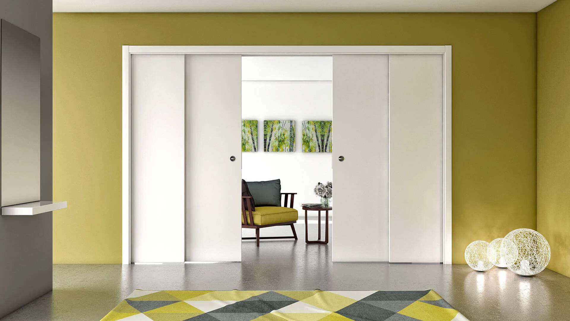 Porta scorrevole telescopica in kit anta doppia di colore bianco su muro giallo che separa due ambienti dallo stile moderno.