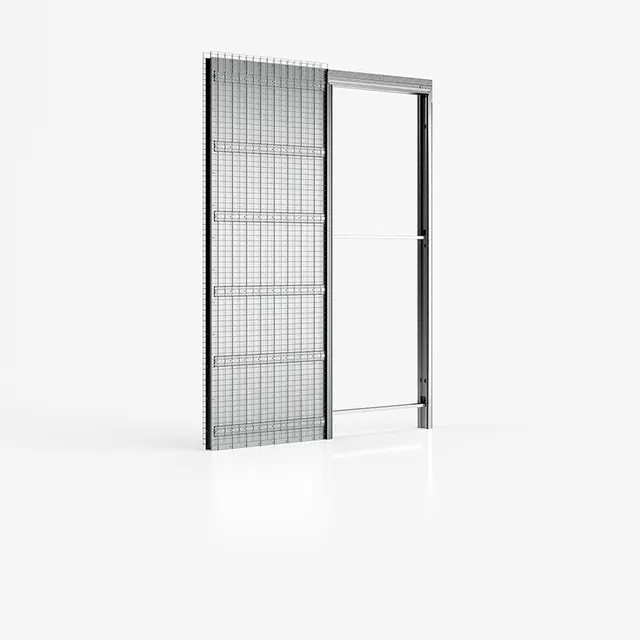 Porta scorrevole progettata per scomparire nella parete, ottimizzando lo spazio e aggiungendo un tocco contemporaneo all'ambiente. La porta è di colore bianco e si immedesima bene nel muro che è per metà bianco (la parte sotto) e per metà grigio topo (la parte sopra).