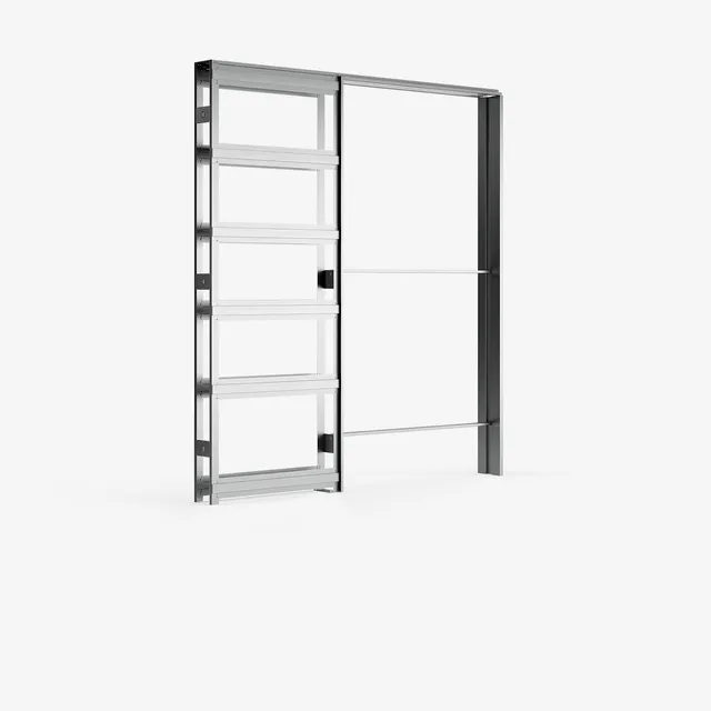Telaio porta scorrevole telescopica in kit anta singola di colore tortora su muro beige e pavimento marroncino chiaro.