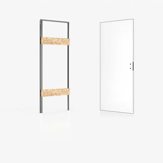 Doppia porta battente filo muro reversibile su stessa parete. La porta a sinistra si apre verso di noi, la porta a destra si apre verso l'esterno. L'ambiente è moderno e la parete di riferimento comprese le porte è di colore verdone scuro tendente al grigio.